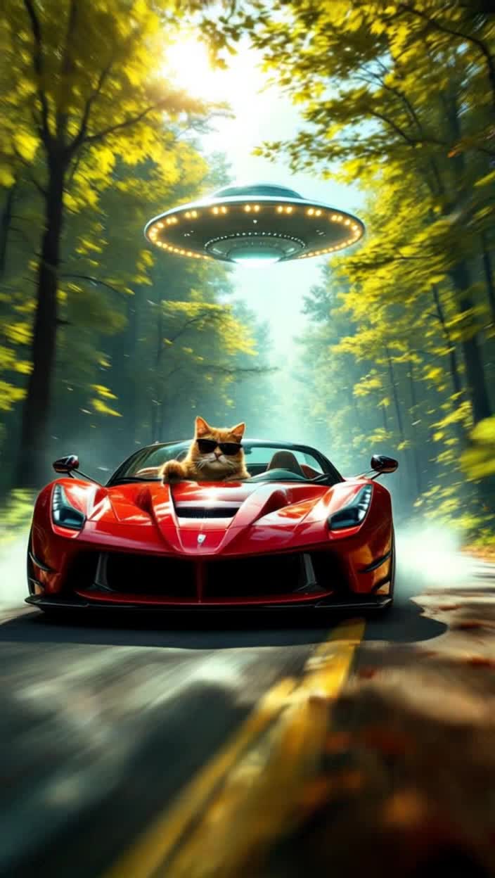 Sleek red sports car speeding through the scene cool cat in flashy sunglasses gripping steering wheel with confidence vibrant forest colors bursting all around Air filled with excitement as leaves whip by at high velocity menacing glowing UFO hovering ominously above towering trees casting eerie shadows on the ground sunlight filtering through canopy creating dappled light patterns on the road tension rising as the cat navigates sharp turns beneath alien presence sky glowing with an ethereal light
