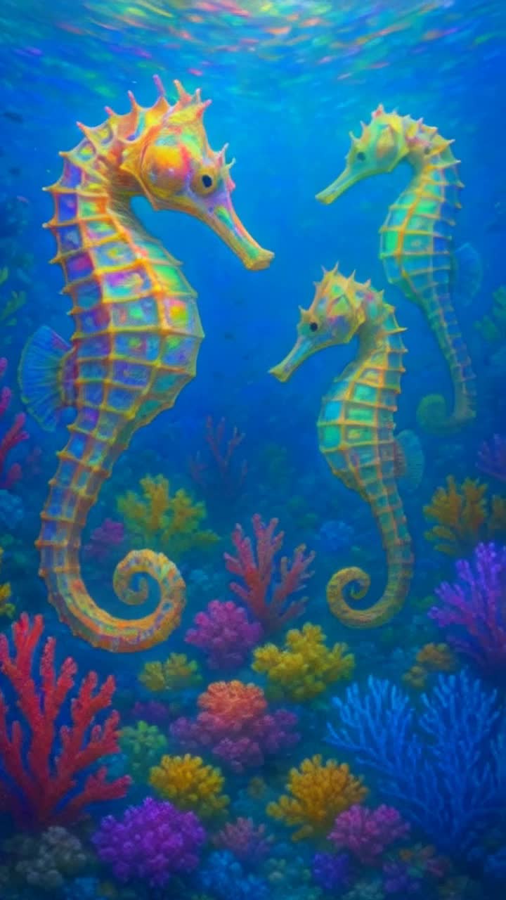 Vibrant iridescent seahorses gracefully twirl through tranquil ocean currents, their delicate tails swirling in harmony Sunlight filters through crystalline waters, casting shimmering patterns on the ocean floor filled with soft coral reefs and swaying sea grass Schools of tiny fish dart in the background, creating a lively dance around these enchanting creatures Each seahorse glimmers with a spectrum of colors, reflecting hues of pink blue green gold as they explore their underwater paradise Bubbles rise to the surface, adding a whimsical touch to this mesmerizing aquatic ballet