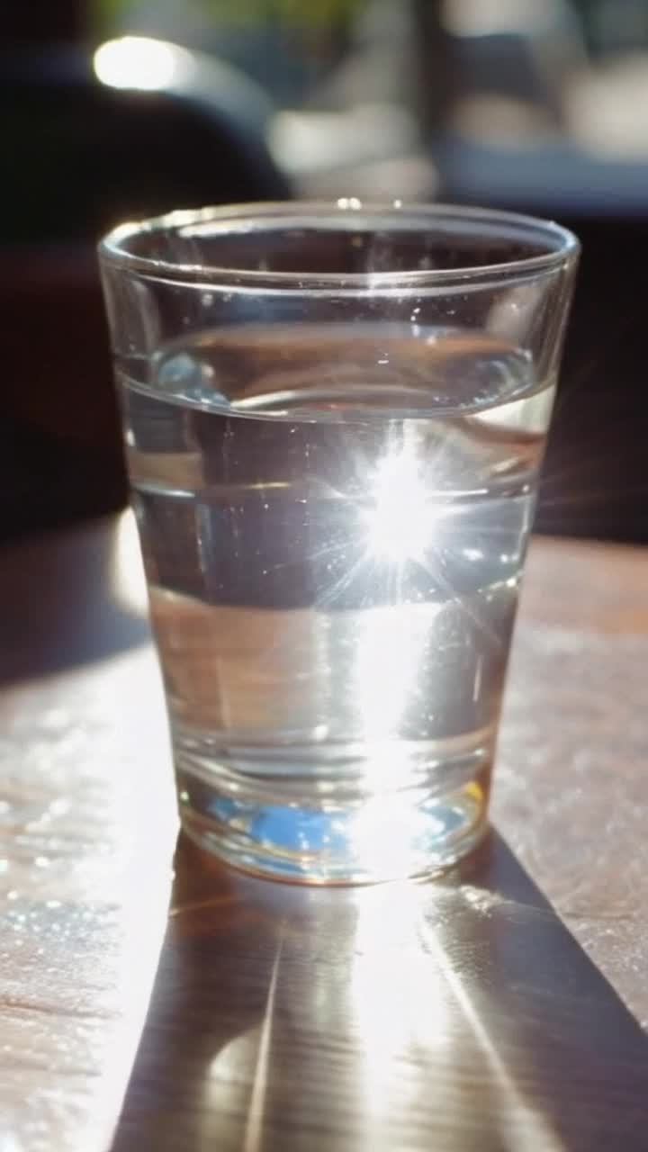 Crystalclear glass cup gleaming under sunlight stream of sparkling water with close up view 