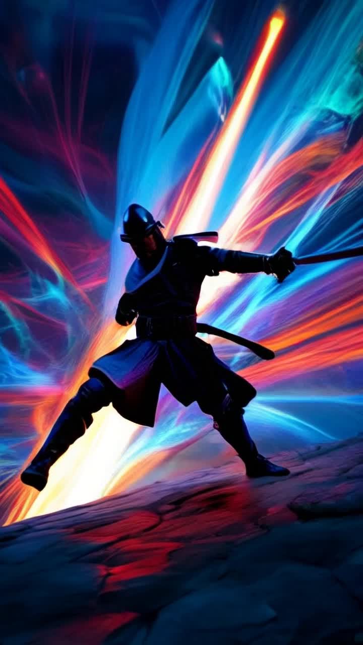 Samurai slashing violently with Samurai sword, Extreme action, psychedelic light trails following movements, colorful, rapid motion 
