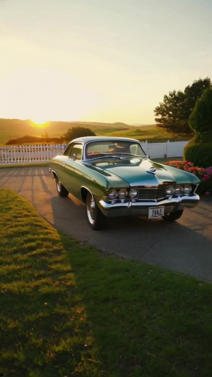 Vintage car gleaming in sunlight parked in driveway lush green lawn surrounds charming cottage with white picket fence vibrant flowers lining path warm golden sun setting behind distant hills creating a serene atmosphere