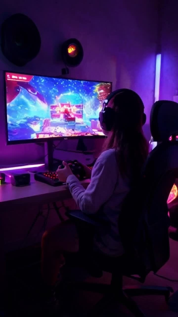 Gamer girl seated at glowing gaming console illuminated by vibrant neon lights overwhelming sensory experience pulsating with every heartbeat engaging in fierce battle against alluring algorithms surrounded by a mesmerizing digital landscape swirling fractals intense colors shifting shadows enhancing the mystery mysterious depths filled with dynamic visuals immersive sounds enticing her to surrender fighting to maintain focus amidst temptation