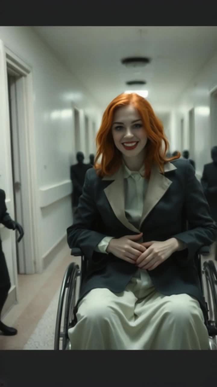 beautiful red head woman wearing straight jacket smiling evil into the camera, beautiful dark makeup on her alone, being pushed in a wheelchair down a sterile hospital hall with scary black demons in hospital gown in every room of the hospital, her straight jacket is custom made for her like in a Tim Burton film