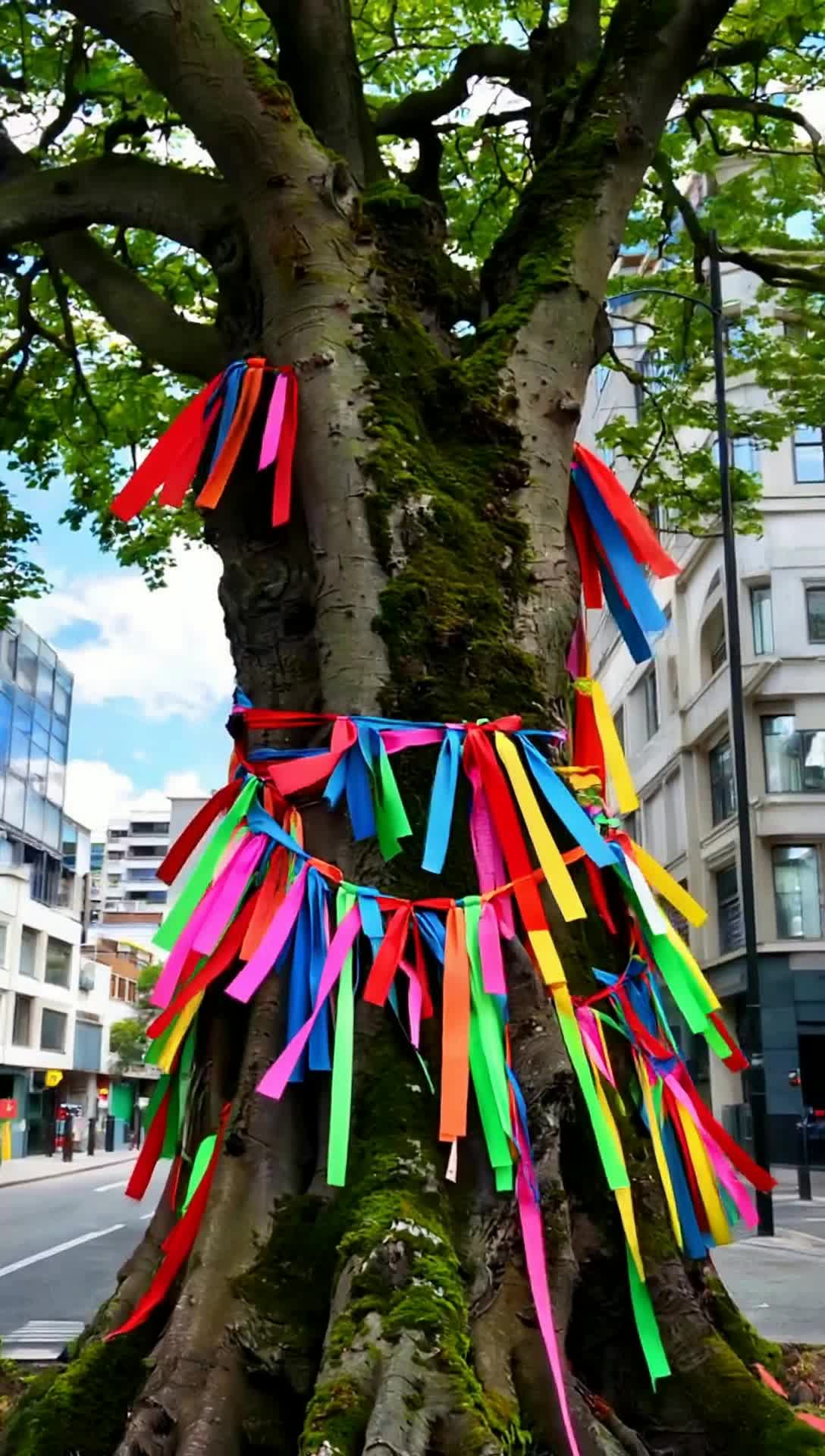 various colored ribbons tied to an oak tree on an urban street