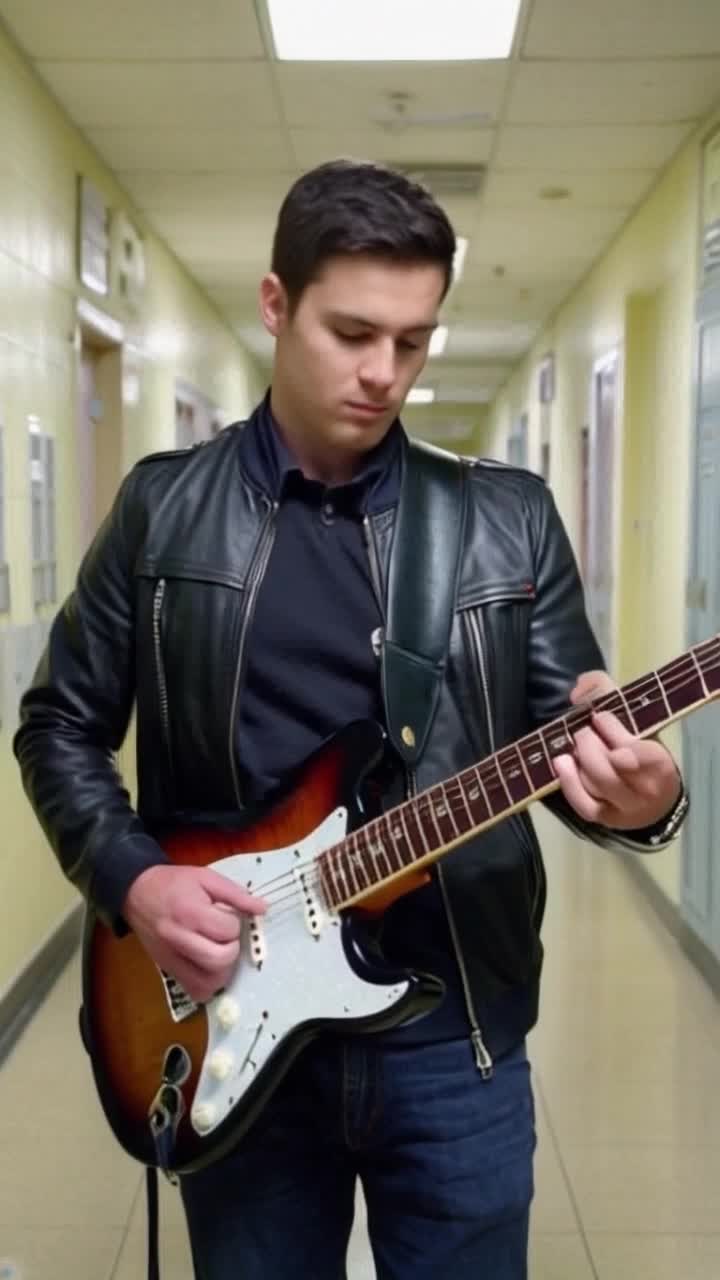 Man wearing a leather jacket pretending to play a guitar in the school hallway 