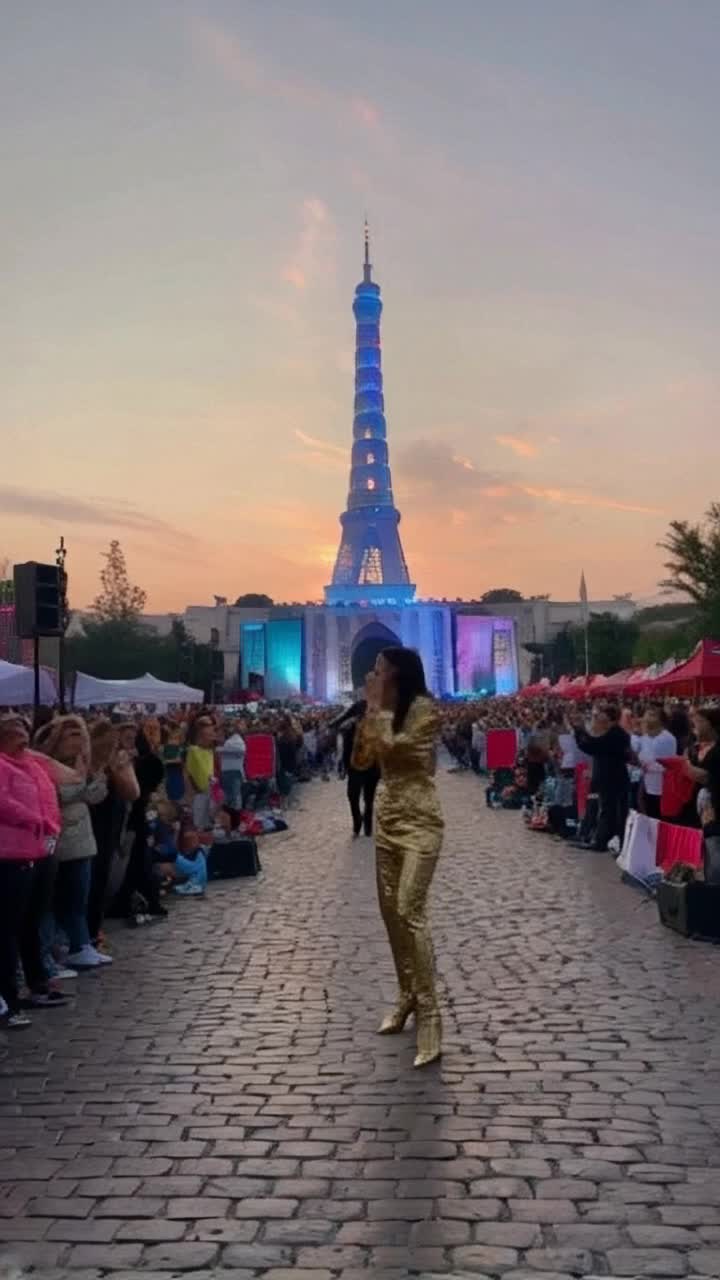 Jennifer Lopez dazzling in a shimmering gold ensemble captivating audience with powerful Persian melodies Voice soaring through the air mesmerizing enthusiastic fans swaying to the rhythm Enchanted Azadi Square alive with vibrant colors tradition layered across the backdrop majestic Azadi Tower illuminated against twilight sky Energy electric swirling banners fragrant street food stalls lining cobblestone pathways Excited cheers echoing dreams of connection cultural fusion filling hearts with joy