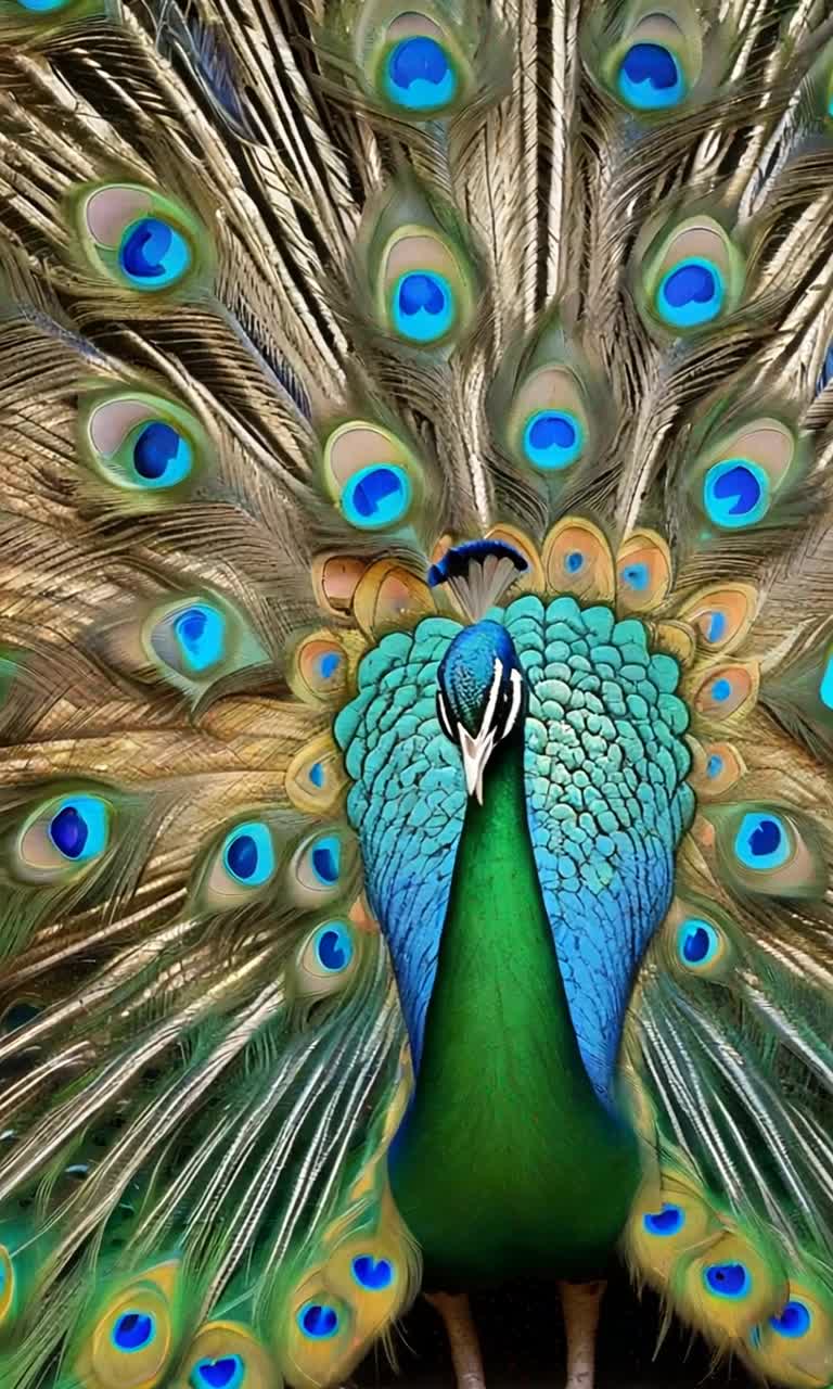 Majestic peacock displays magnificent radiant feathers showcasing vibrant hues of blue green gold Tail feathers shimmer elegantly under brilliant sunlight each eyelike pattern dances mesmerizing enchanted onlookers Lush garden bursting with blooming flowers swaying gently in soft breeze leaves rustling creating tranquil enchanting atmosphere golden rays filtering through tree branches casting playful shadows on vibrant petals
