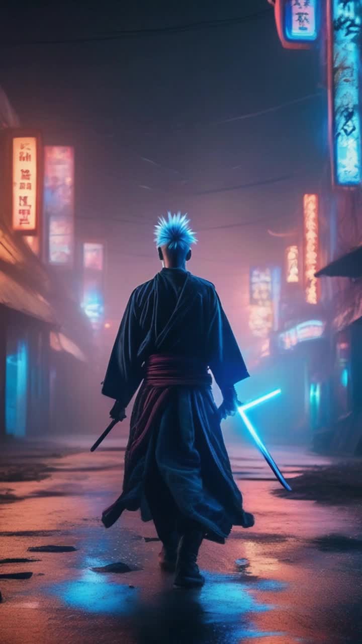 Spiritual Jedi samurai with spiky hair glowing with atomic blue energy chasing menacing demon lord of chaos through desolate urban landscape of crumbling buildings and shattered neon signs flickering under enchanting Venetian lighting surrounded by eerie shadows and swirling mists of color illuminating the darkness energizing the atmosphere with pulse of impending confrontation