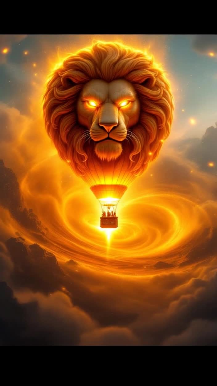 Detailed 3D animation, photorealistic renderingHot air balloon over New YorkA hot air balloon soars over the iconic city, extremely detailed, majestic, with clear, pronounced features, a goldenbrown sun, with a thick, powerful mane, glowing with an intense goldenamber lightA dynamic, swirling vortex of fine golden desert sand constantly circulates around, rising from below and creating a sense of ancient power and movement The sand particles are visible individually and react to the light Small, shimmering dust particles float in the air, catching the light and adding to the mystical atmosphereDramatic, cinematic lighting with bright highlights on the gold elements and deep, rich shadows that emphasize depth and shapeWarm golden hour tones mixed with cool, mystical blues and purples of the surrounding dust and balloonThe overall atmosphere is one of ancient power, mysticism and divine authorityCamera movement Eye level shot, slightly wide angle to capture the balloon in all its grandeur, emphasizing the interaction and dynamic environmentStyle Hyperrealistic, majestic, mystical, cinematic Meditation music Expect magic and sorcery