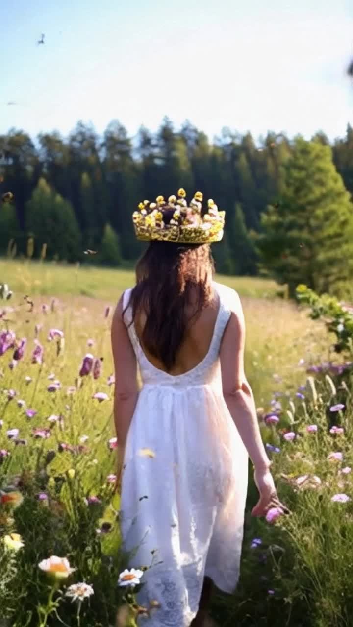 Enchanting woman with a crown of buzzing bees woven into golden locks radiating beauty and allure glides gracefully through a sunlit meadow flowers swaying in gentle breeze bees humming softly creating a symphony of nature vibrant colors enveloping her ethereal presence playful butterflies dance around her highlighting the magic of the moment shimmering sunlight filtering through trees casting a warm glow on this surreal scene