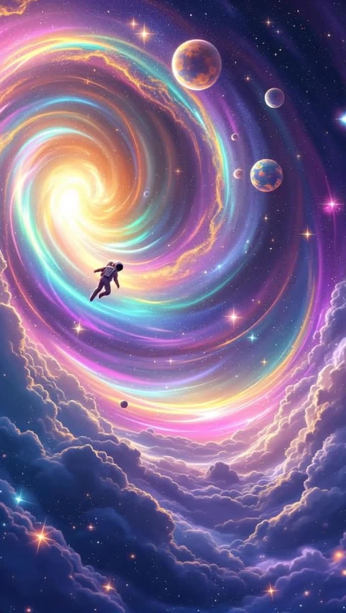 Lone astronaut gliding weightlessly through swirling cosmic colors Radiant galaxies pulsating with hues of violet emerald and gold Surrounding stars twinkling like distant dreams Soft lofi beats echo through the vastness creating a serene atmosphere Floating gently past celestial bodies drifting through a tranquil universe infused with artistic wonder