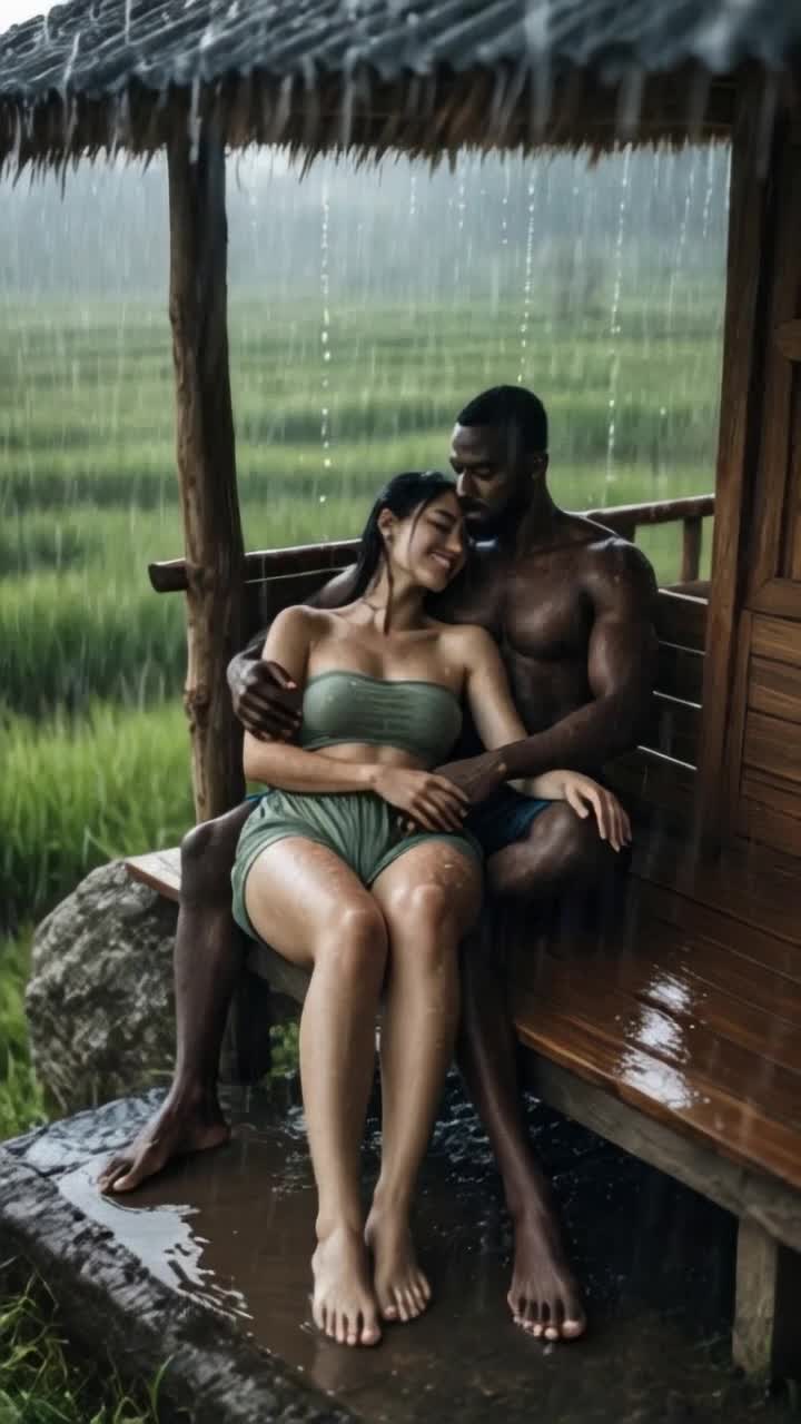 heavy rain, man hugs woman tightly romantically