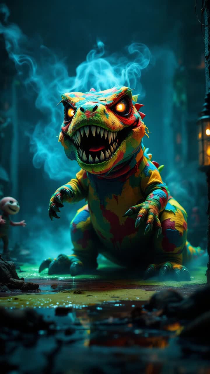 Vibrant plush dinosaur with tattered fabric and mismatched colors glowing eyes radiating an eerie light steam billowing from nostrils green slime oozing into puddles below menacing grin revealing jagged teeth Dinosaur lunges forward with sinister intent showcasing malevolent energy in every movement Dark fog envelops the scene amplifying tension flickering shadows dance across a dimly lit room filled with forgotten toys and haunted relics in unsettling silence broken only by deep guttural growls Background filled with chilling whispers and distant echoes of laughter creating a perfect loop of dread and anticipation