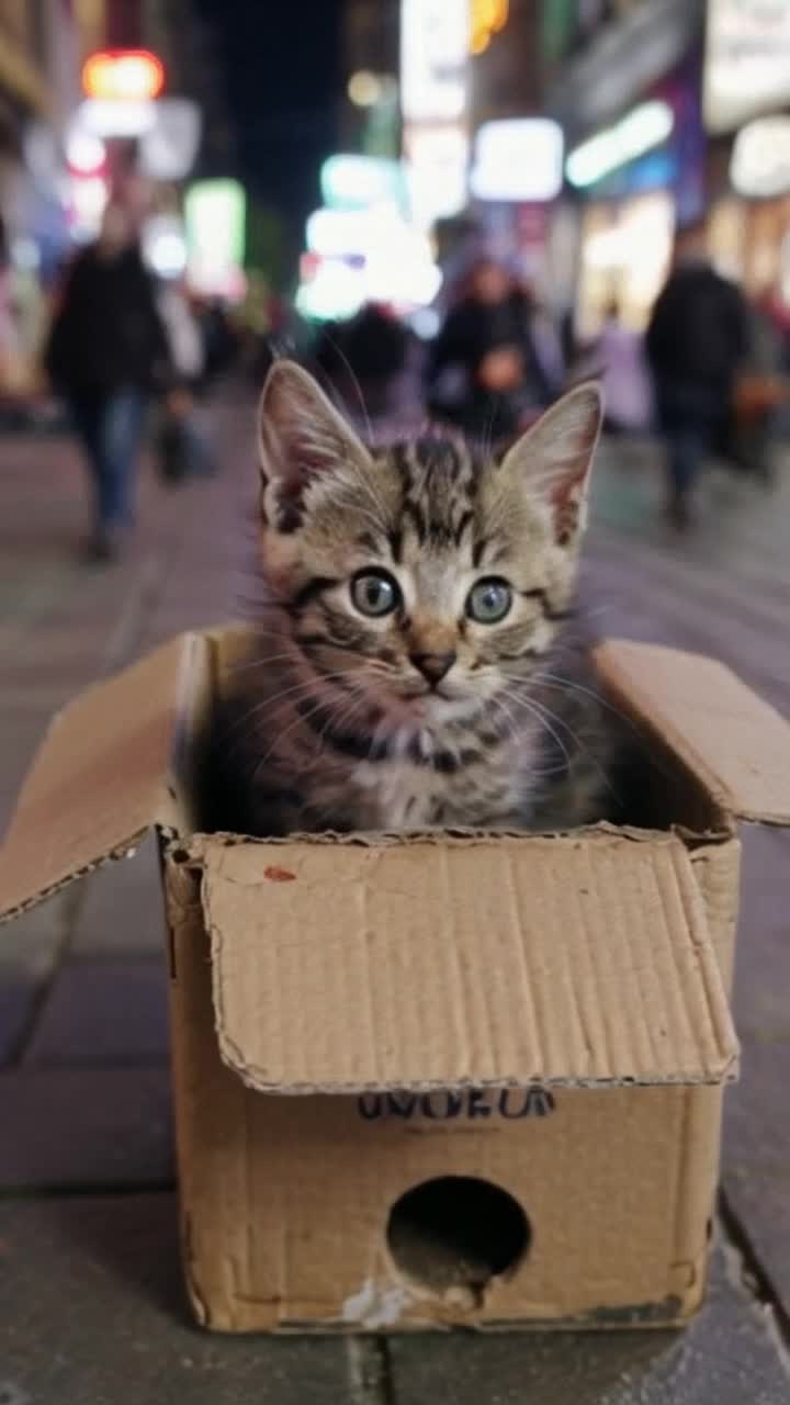 Tiny scruffy kitten huddled in worn cardboard box with matted fur and wide, pleading eyes emitting soft desperate meows surrounded by crowded city streets filled with rushing pedestrians neon signs flickering above and distant car horns echoing from nearby bustling traffic