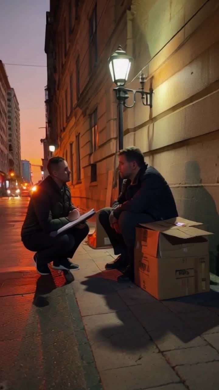 Curious journalist with a notebook in hand kneeling beside weary homeless man surrounded by weathered cardboard boxes and scattered personal belongings Listening intently as the man shares heartfelt stories under flickering streetlights on a chilly evening Orange hues reflect from nearby buildings creating a backdrop of urban struggle and resilience
