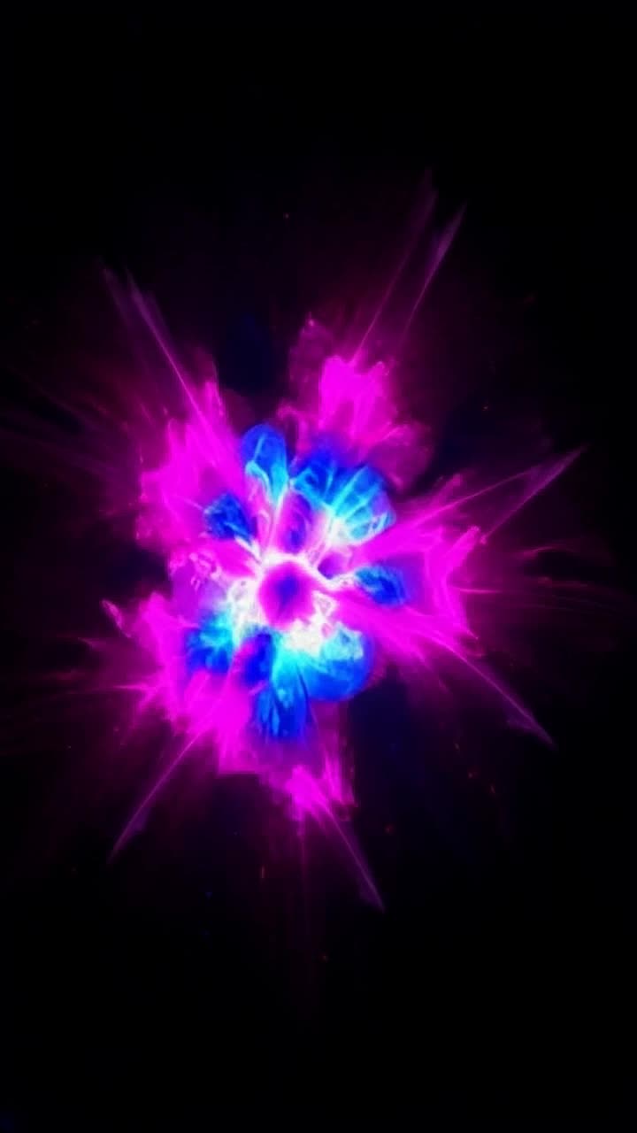 Colorful abstract patterns swirl and pulsate in mesmerizing motion flowing through vibrant hues of blue and pink Shapes morph and dance gracefully creating a beautiful visual symphony Dynamic light bursts radiate rhythmically illuminating the dark void surrounding them