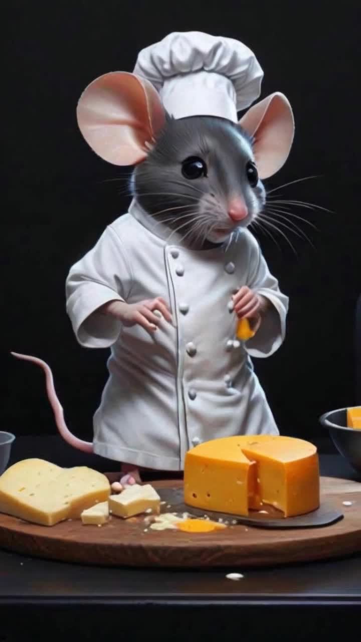 create a stunning vivid highcontrast oil on black canvas rendering of a mouse chef resembling Gordon Ramsey preparing a cheese dish emphasize the resembling the famous chef and incorporate  rounds of cheese, chibi