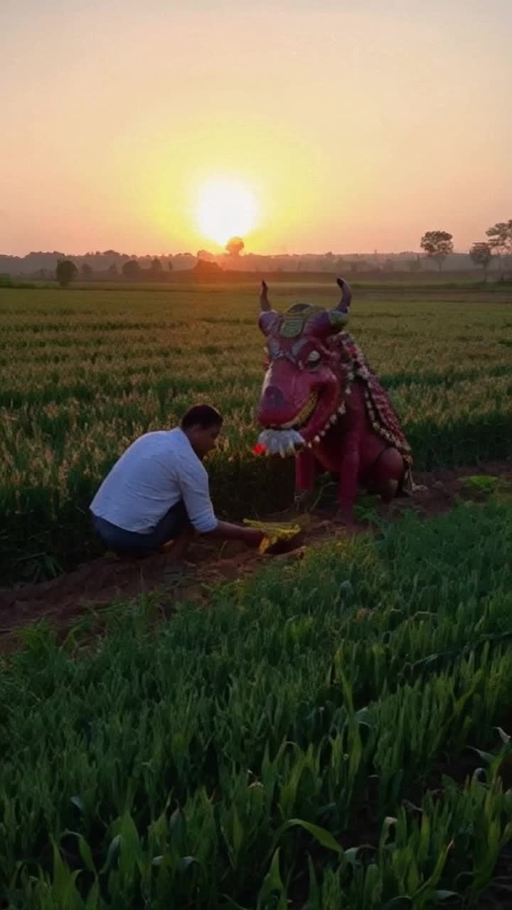 Kind farmer working tirelessly in lush green fields Encountering a fierce yet hungry Rakshas amidst towering crops Offering food with courage instead of aggression Surprised expression softening the Rakshass demeanor Promise of protection exchanged under a twilight sky Villagers watching in awe as friendship blossoms Fields thriving with vibrant produce as peace reigns Radiant sun setting behind distant hills highlighting the transformation of fear into loyalty Moral lesson unfolding in the hearts of villagers showing kindness can bridge the gap between fearsome creatures and humble souls