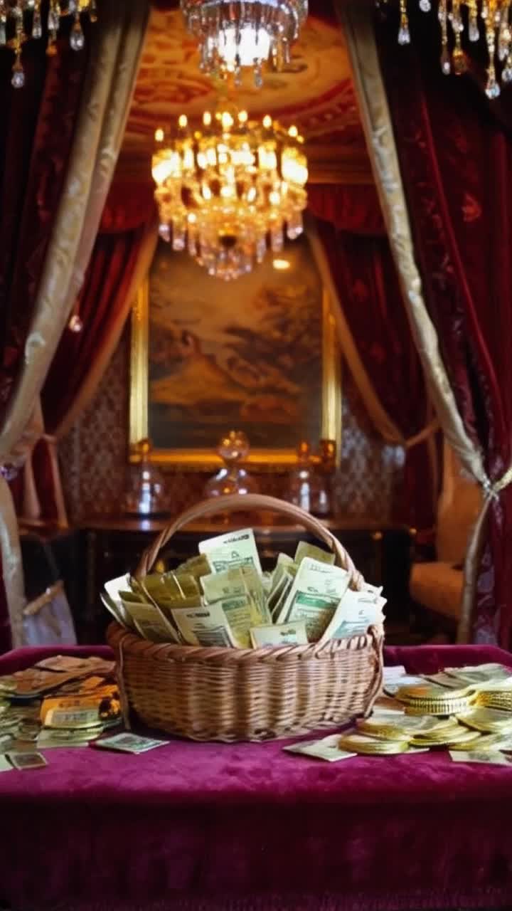 Opulent basket overflowing with shimmering gold coins sparkling currency notes Rich tapestry draped elegantly in the background lavish banquet hall adorned with crystal chandeliers golden light illuminating every corner exquisite velvet curtains framing the scene