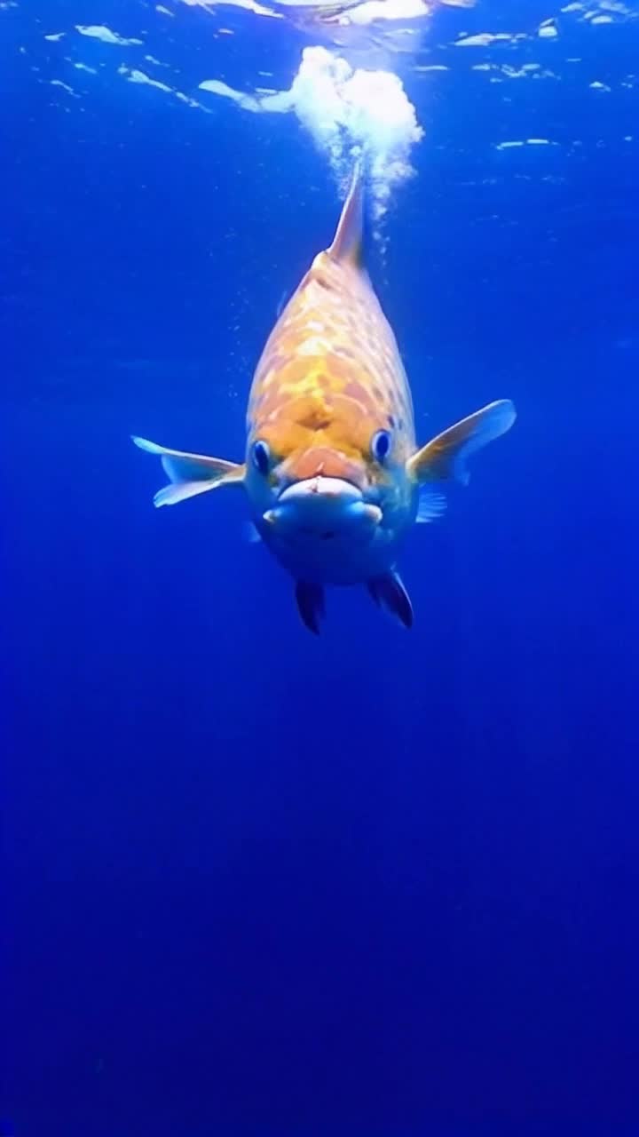 A gigantic goldfish squeezes out of the Mariana trench, passing a submarine that is only half its size
