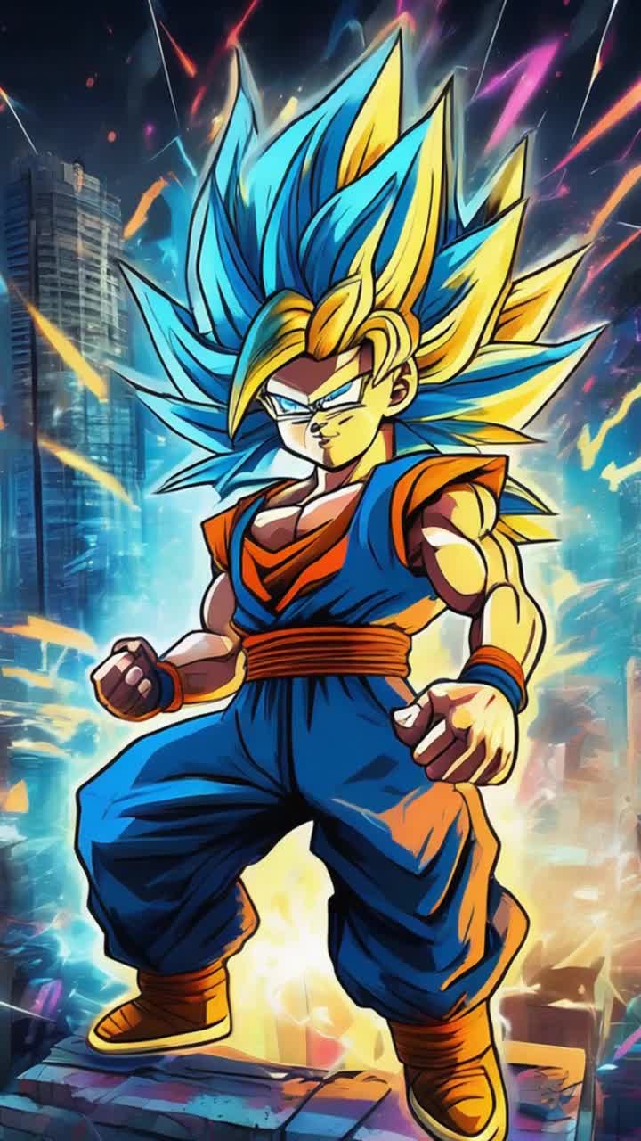 Graffiti, Cinematic, Emerges, Dynamic Motion, Lens flare, Low angle, Chosen super Saiyan warrior with spikey hair from the 7th dimension radiating atomic blue energy is in meditation and receives download straight into his pineal and immediately leaps into action unleashing devastating high frequency energy blasts 
