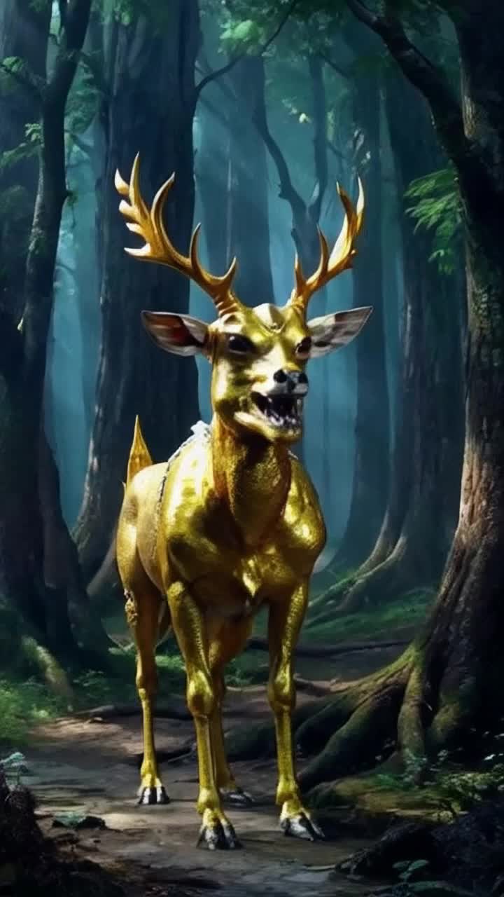 A demon disguised as golden deer crying out in Ramas voice, Ha Lakshman, echoing through a mystical forest, eerie expression, trees swaying, magical realism style, mythological theme