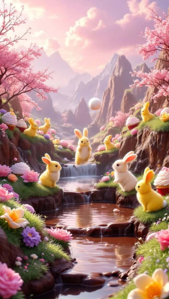 Thick dark chocolate river cascades over a caramel chocolate ridge with valleys of sweet treats Energetic bunnies hop toward vibrant candy flower cupcakes to savor sugary blossoms Soft pink cherry lemondrop sunrise bathes scene in pastel hues while fluffy yellow marshmallow peeps awaken to mornings delight One curious peep bunny playfully jumps into warm melted chocolate resembling a cozy hot tub adorned with whipped cream froth Surrounding lush green grass glistens with sugary icings while another bunny tosses a fluffy white marshmallow like a playful ball, laughter echoing through this whimsical candycoated world