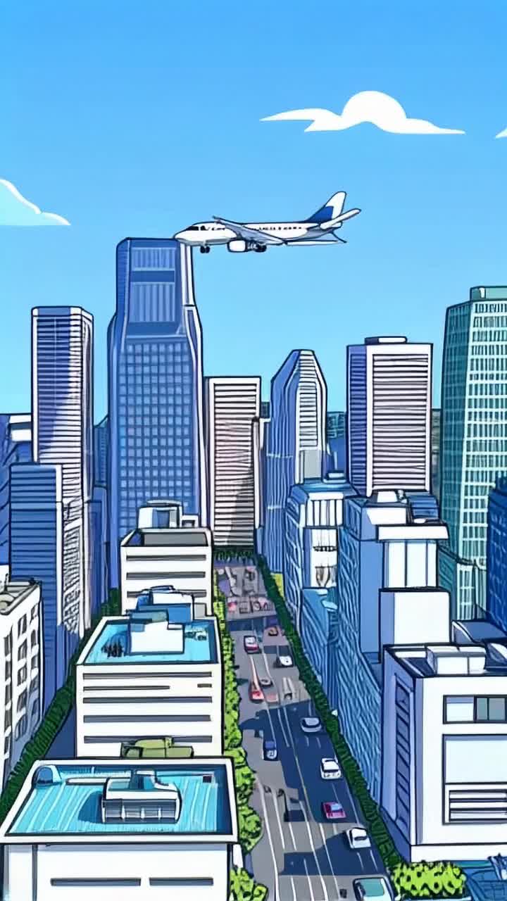 Cartoon comic scene jet plane flying over skyscrapers above city streets cartoon