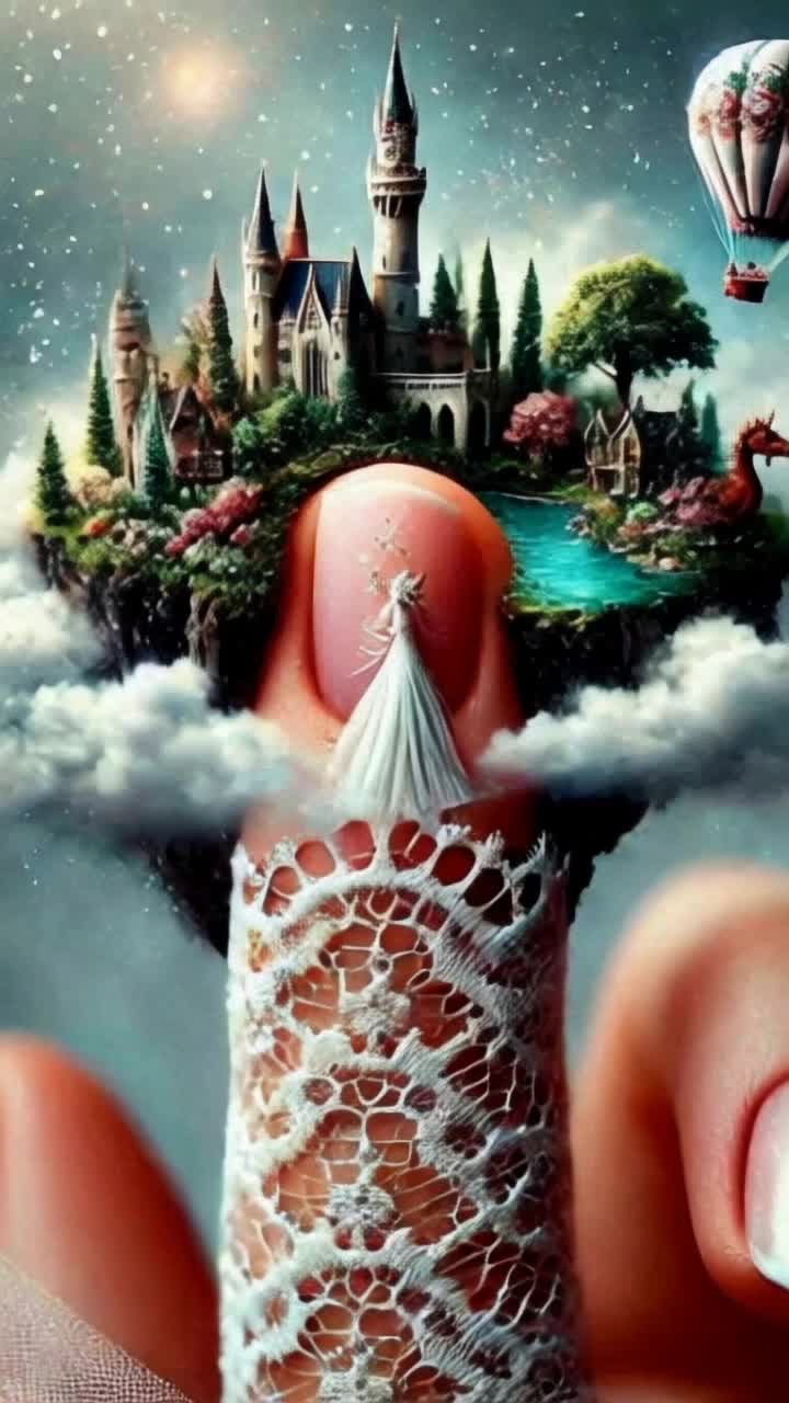 Finger holding a tiny fantasy world on its tip with clouds swirling around 