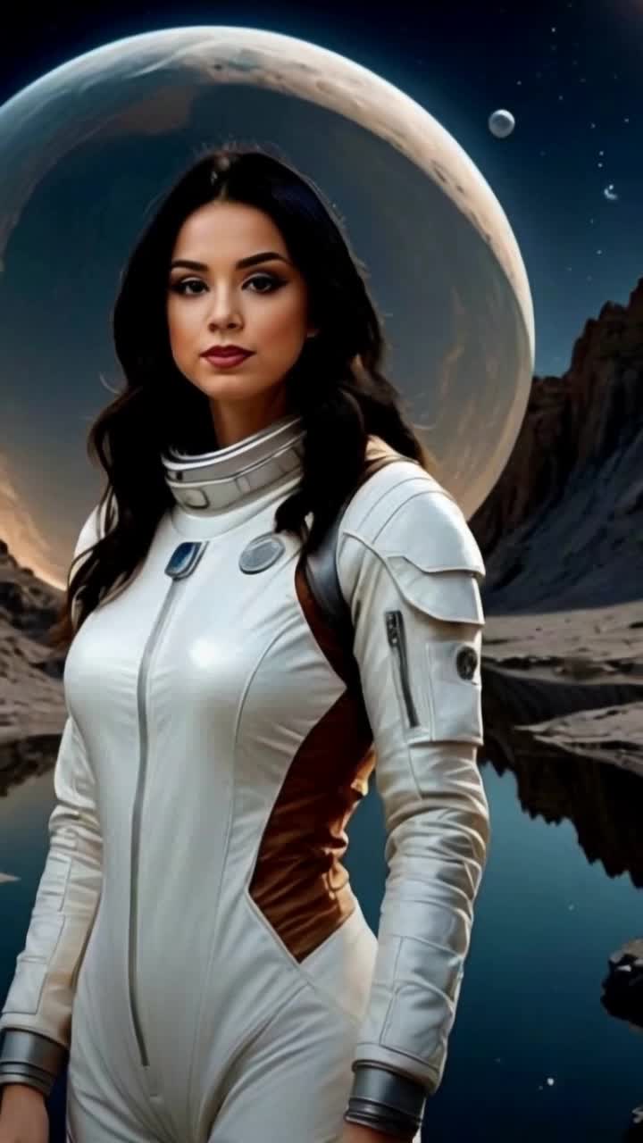 Graceful astronaut with flowing hair and a sleek suit explores vibrant alien landscape dotted with luminescent plants and towering rock formations She glides effortlessly over sparkling dust while gazing at swirling nebulae overhead Sunlight filters through colorful gases creating a kaleidoscope of hues Exotic birds with shimmering feathers flit through the air, enhancing the sense of wonder Her visor reflects the breathtaking view while she documents her discoveries with a futuristic tablet Intricate flora dances in a gentle breeze as distant mountains rise majestically against a cerulean sky