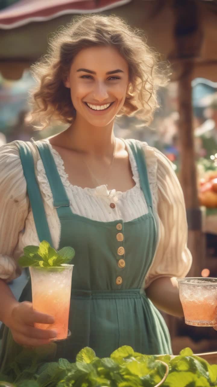 A whimsical, oversized glass filled with fizzy potato soda bursting with bubbles glistening in the sunlight topped with a sprig of mint swirling playfully in a gentle breeze An elegant woman in vintage attire sips joyfully savoring the unique flavor sparkling with delight Surrounded by a vibrant farmers market blooming with colorful produce fragrant herbs rustic wooden stalls and lively chatter from joyful patrons creating a lively atmosphere