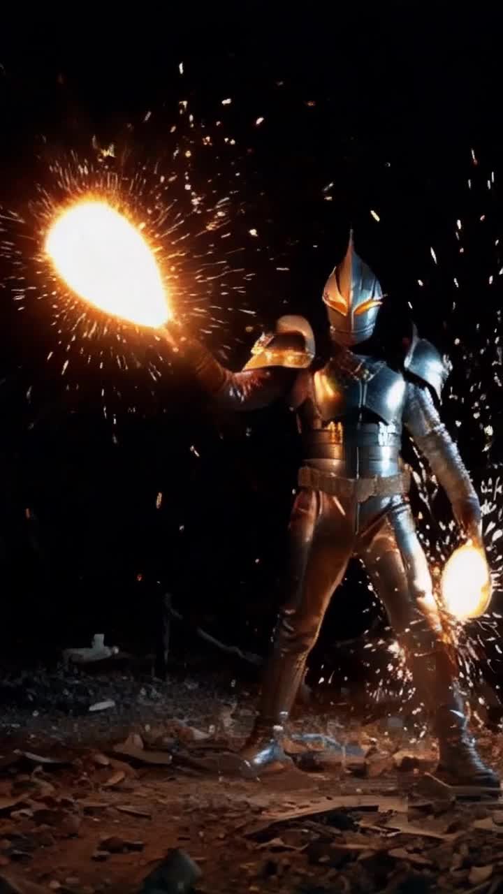 Vibrant warrior clad in shimmering armor wielding radiant energy orb Surges forward with fierce determination unleashing a powerful blast of light that pierces through dark swirling shadows Sparks ignite with each explosive impact creating an electrifying atmosphere charged with anticipation as chaos erupts around Warrior stands resolute amidst swirling debris illuminated by brilliant flashes of color electric tension crackling in the air