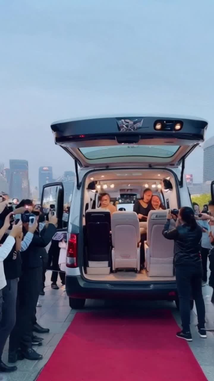 Gleaming luxury van adorned with glamorous logos and vibrant colors surrounded by excited fans and paparazzi Stylish makeup artists bustling inside applying stunning looks to celebrities Soft ambient lighting casting a warm glow illuminated by twinkling fairy lights with a red carpet leading up to the van and city skyline in the background