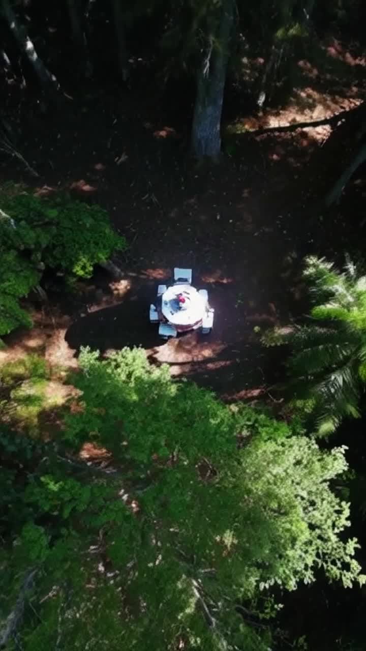 Miniature satellites orbiting a sophisticated robot, treading through a thick swampy jungle, patches of sunlight shining through trees