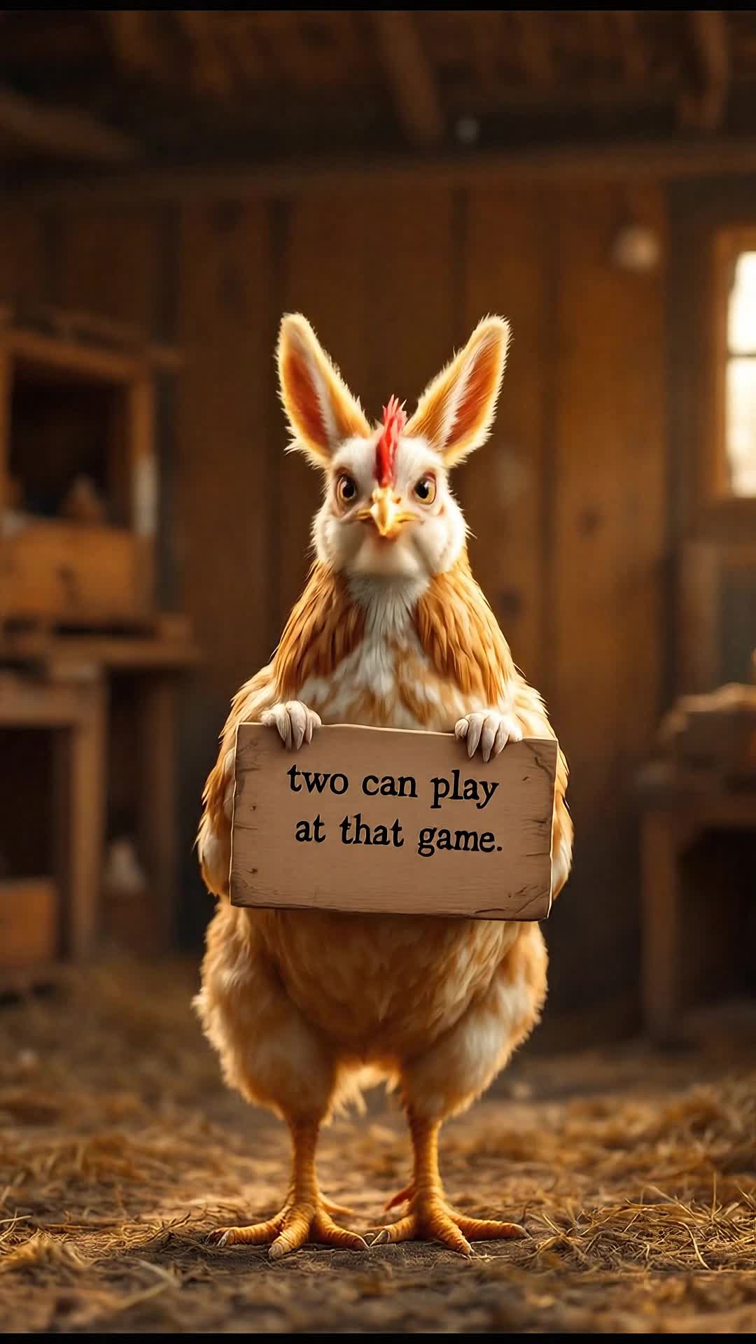 A chicken wearing costume fox ears saying two can play at that game, setting is inside a chicken coop
