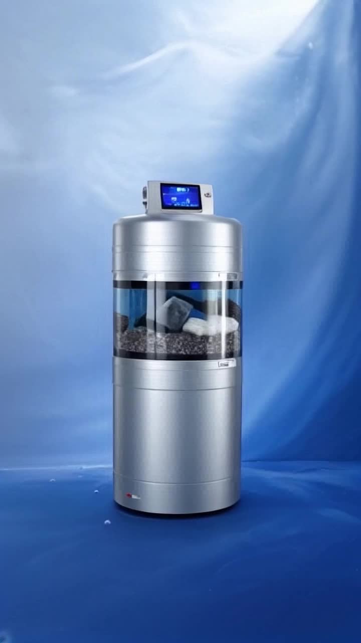 A digitally created image featuring a sleek, silvergray water softener tank placed against a gradient blue background that transitions from light at the bottom to deeper shades at the top Surrounding the cylindrical tank are dynamic water splashes with detailed droplets frozen midair, giving a sense of motion The tank includes a window revealing multiple layers of filtration media in various colors sand, activated carbon, gravel, etc, and it has a topmounted control unit with a backlit LCD screen