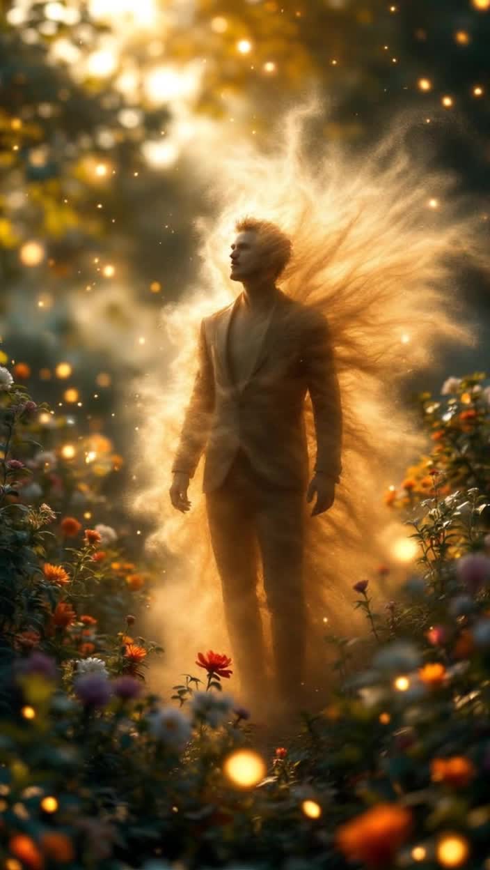Dust in a magical garden forming together to make a man 
