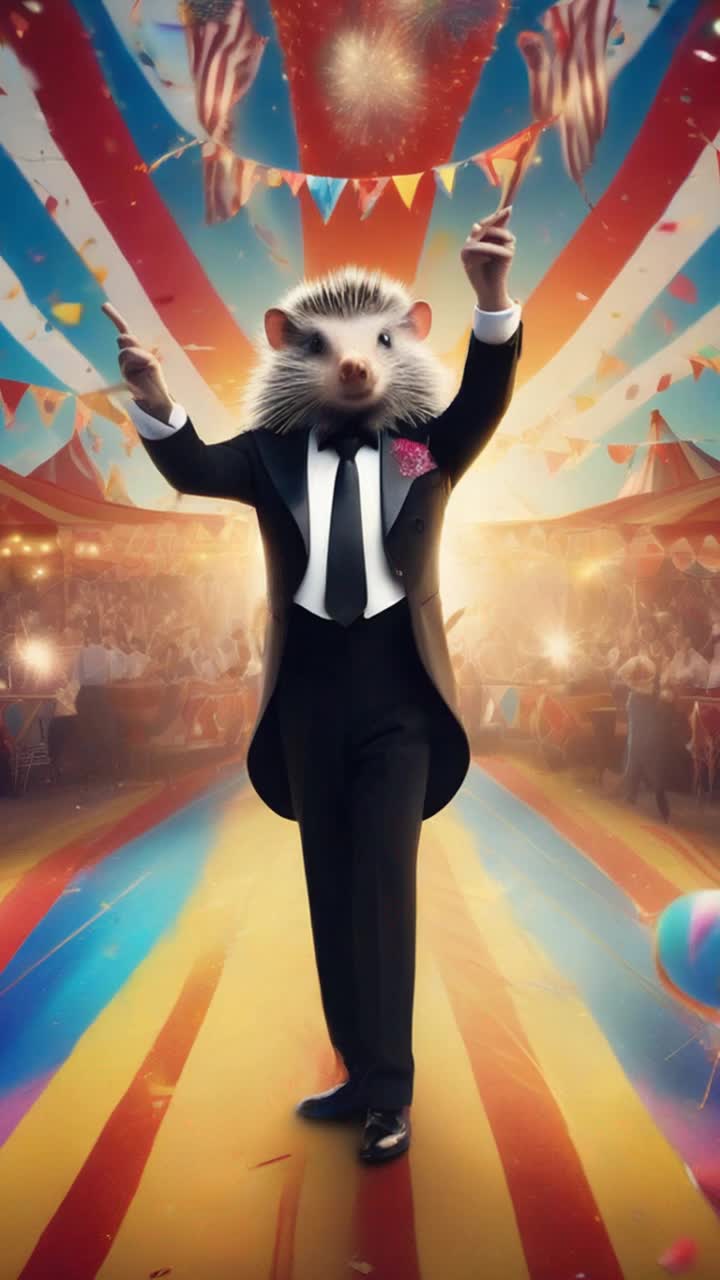 Stylish anthropomorphic porcupine dressed in sleek black tuxedo confidently strutting while gracefully twirling a chic walking stick Majestic vibrant Big Top circus tent rises high adorned with colorful stripes and fluttering flags Sunlight sparkles on swirling bright confetti dancing through the air creating an electrifying festive atmosphere Spectators gasp in delight captivated by this unique spectacle