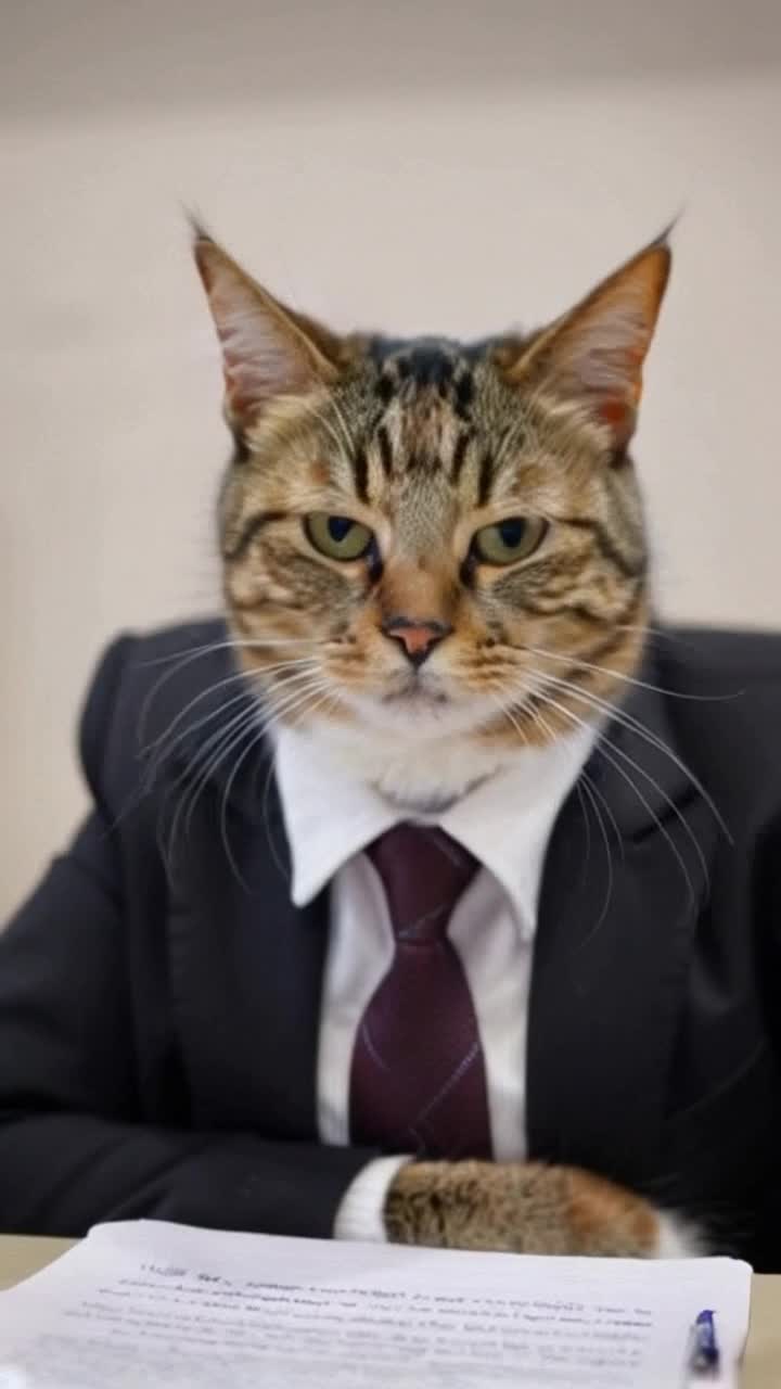 A calico cat is in a dapper suit at a very important meeting  