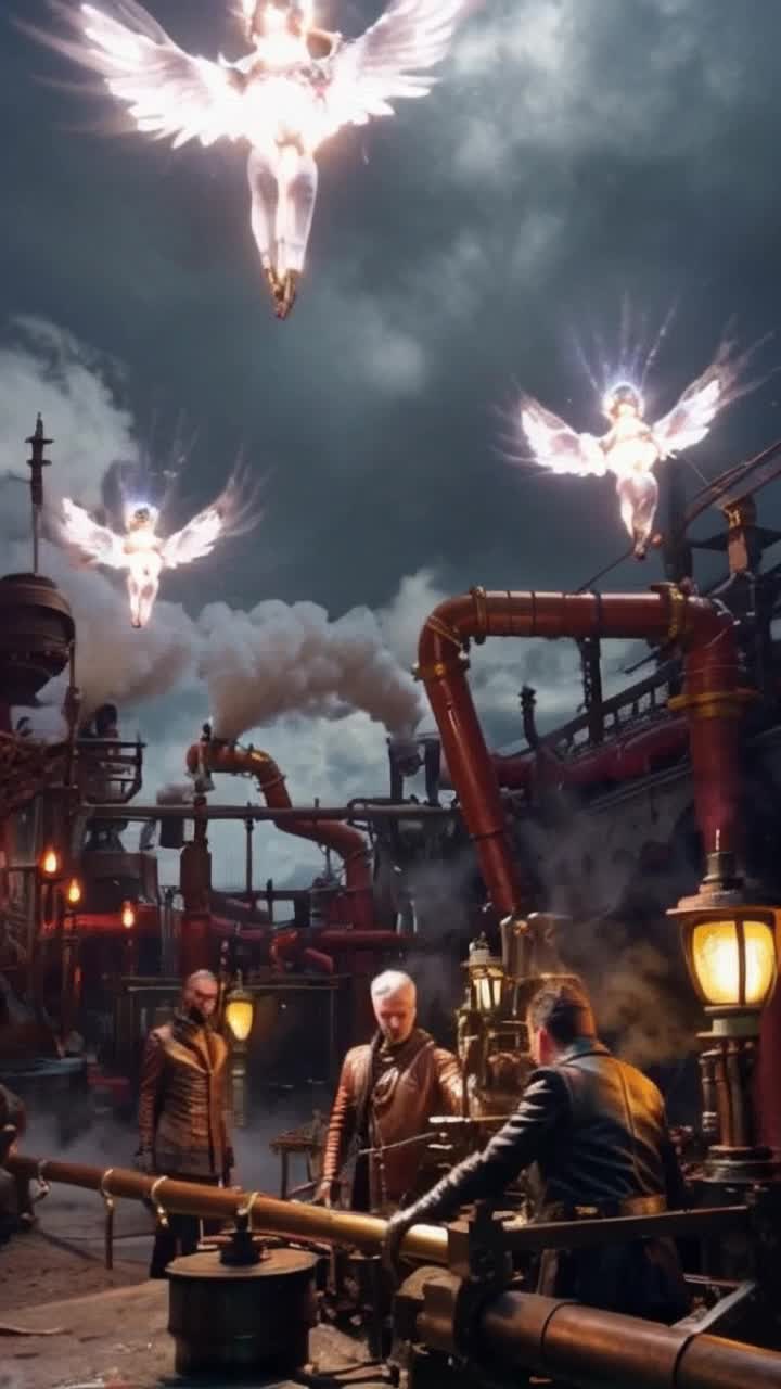 Celestial deities radiant with opalescent hues vibrant and powerful swirling gracefully Descend from ethereal clouds shimmering with golden light Confront a lively crowd of Steampunkers clad in leather and brass Moving with precision as gears whir and pistons clank Operate intricate machines surrounded by billowing steam and vibrant gears In a cityscape alive with copper pipes and glowing gas lamps Engulfed in an enchanting twilight atmosphere where magic meets invention