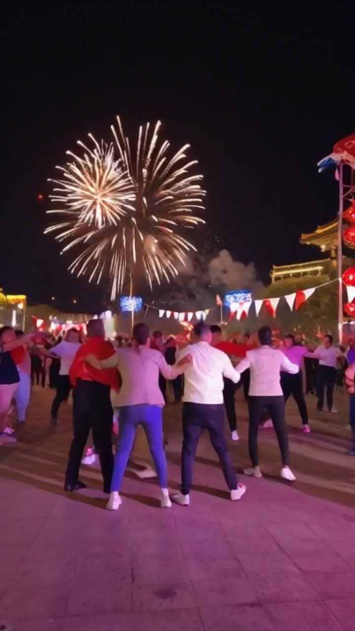 Joyous dancers adorned in vibrant red white blue attire twirling gracefully exuding energy bursting with enthusiasm Warm summer breeze carries rhythmic festive music pulsing from nearby speakers Streets alive with colorful flag banners swaying softly Glowing lanterns casting a magical light illuminating faces filled with joy Under a breathtaking display of fireworks blooming like flowers against a starry night sky Capturing an enchanting scene thick with excitement camaraderie celebrating unity Dancing together in perfect harmony surrounded by an electric atmosphere