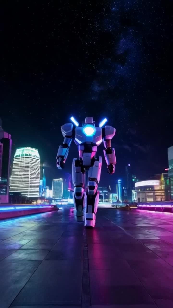 Futuristic robotic figure with glowing accents  Dramatically glides forward with fluid movements  Neonlit cityscape shimmering under a starry sky