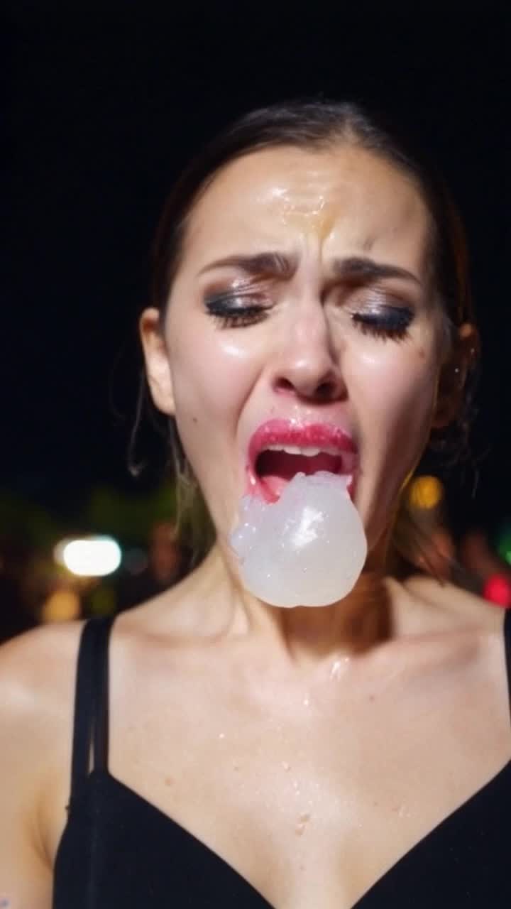 at a night club we see a happy Kendall Jenner blowing an amazing bubble of white sticky bubblegum as it pops and splatters over her entire face, white sticky bubblegum expands then pops onto her face leaving a white gooey mess as she screams and screams and cries 