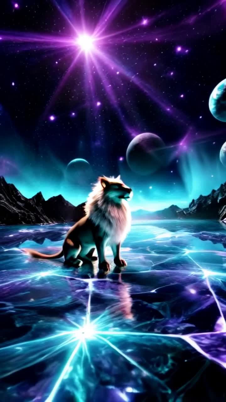 Futuristic lion shimmering with a glittering mane sits gracefully gazing skyward Cosmic eyes closed in tranquil bliss Radiant crystal floor reflecting swirling hues of purple turquoise above Ethereal alien sky alive with twinkling constellations vibrant beams refracting light creating a kaleidoscope of colors Sleek silhouettes of distant planets stand proudly in celestial backdrop Gentle breeze sweeps through serene chamber rustling against crystalline walls enhancing magical atmosphere of wonder filled tranquility