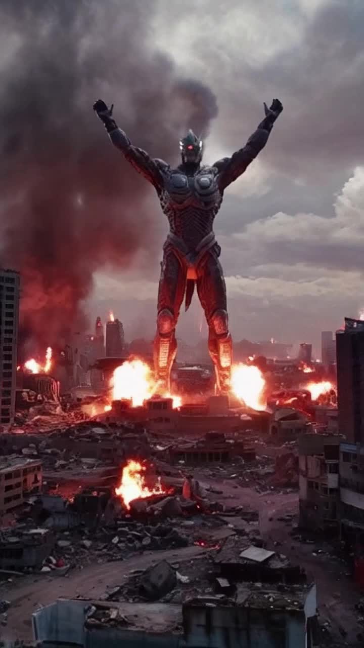 Giant humanoid towering like Sears Tower looming over urban landscape with intricate features and striking expressions Standing firm amidst chaos with arms raised triumphantly Hazy fog enveloping crumbling cityscape with fiery explosions illuminating dark clouds scattered debris and shadows of desolation in dystopian ambiance