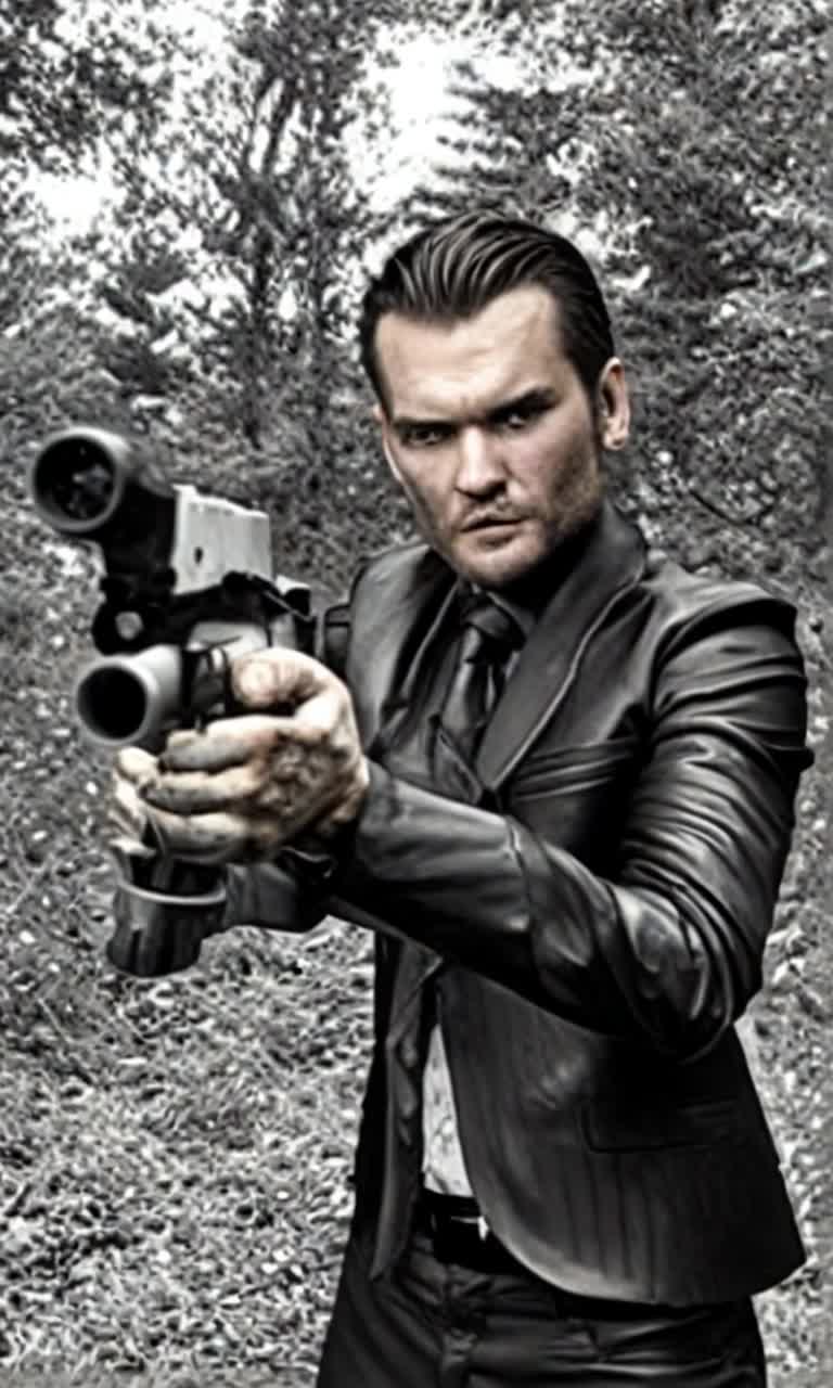 Stealthy secret service agent dressed in tactical gear ducking behind moss covered trees gripping a sleek firearm tightly as adrenaline surges through his veins unleashing a rapid barrage of bullets into the shadows thick wooded forest illuminated by bursts of gunfire scattered leaves swirling around creating a dramatic atmosphere tension crackling in the air as distant echoes of chaos reverberate through the trees showcasing a heartpounding chase suspense building with every heartbeat