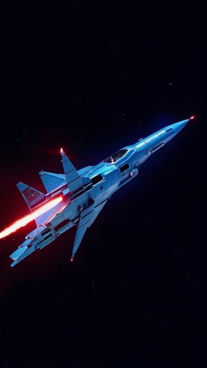 Sapphire blue space fighter vessel soaring overhead with sleek design and nimble frame flying at Mach 8 mesmerizing view from below showcasing intricate thruster flames and vibrant exterior lights pulsar cannons firing intense red rays illuminating the sky as it approaches with powerful grace enormous craft glides effortlessly slicing through the void of space awareness heightens as it hovers directly above creating a breathtaking spectacle of engineering and speed dynamic atmosphere filled with excitement and wonder as the sounds of its engine roar fills the air
