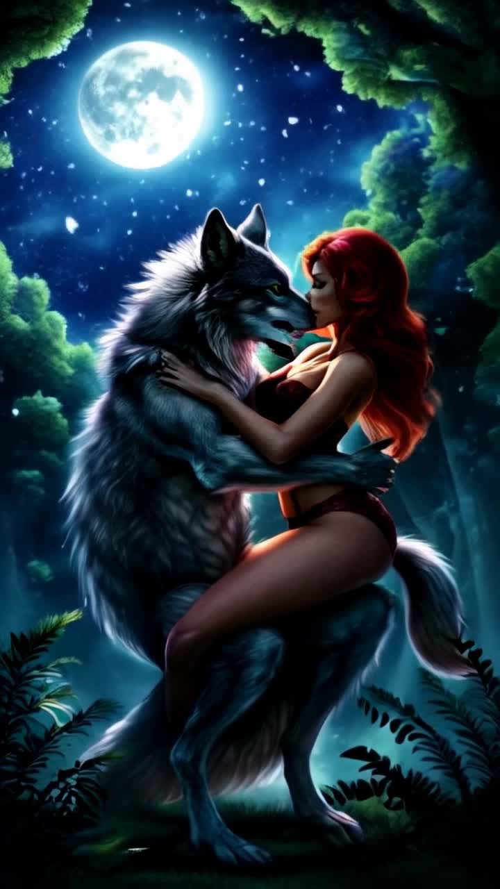 Anthro wolf with shimmering glistening fur and rippling muscles perched on spirited redhaired woman vibrant green eyes locking in mutual longing Expressions shimmering under radiant moonlight illuminating night sky filled with twinkling stars Wishes of passion swirling in the air creating an enchanting atmosphere Surrounded by lush verdant forest whispers of desire echoing through fluttering leaves Tension palpable intimacy thick in the air igniting this moment shared between two worlds Dancing in passionate embrace he thrusts forward into her warmth while she responds with eager movement Grinding back in primal unity together in a fervent dance of yearning