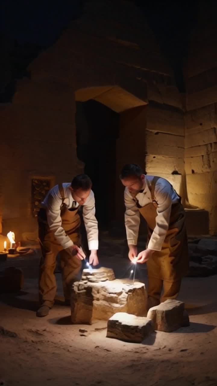 Brilliant scientists diverse species clad in lab coats and overalls collaborating intently examining ancient artifacts with glowing tools in hand unearthing secrets of the past surrounded by a vast underground chamber illuminated by flickering torches intricate hieroglyphs covering stone walls echoing whispers of forgotten civilizations as dust particles dance in beams of light vibrant technology melds with historical wonders in a breathtaking fusion of knowledge excitement fills the air as breakthroughs emerge amidst the shadows of discovery