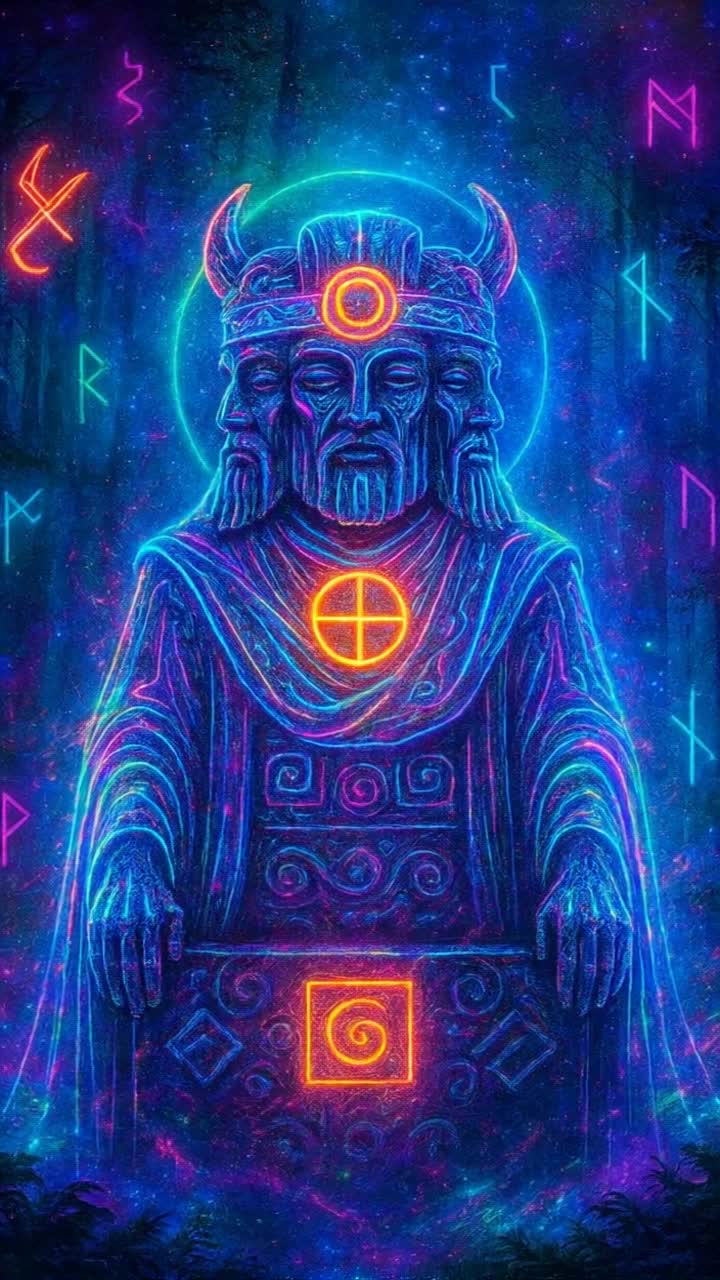 Futuristic holographic Svetovid, ancient Slavic deity with four glowing faces, each face shining in different neon colors blue, purple, turquoise, golden, symbolizing the four elements The body is draped in luminous digital garments with glowing ancient ornaments, patterns resembling living code Floating mystical runes orbit around the idol, creating an aura of magic and technology Background enchanted neon forest with trees glowing like antennas, ethereal mist adding depth, glitch and holographic overlays suggesting a digital guardian of the future Ultradetailed, cinematic lighting, cyberfantasy style, NFT collectible art, 8K resolutio